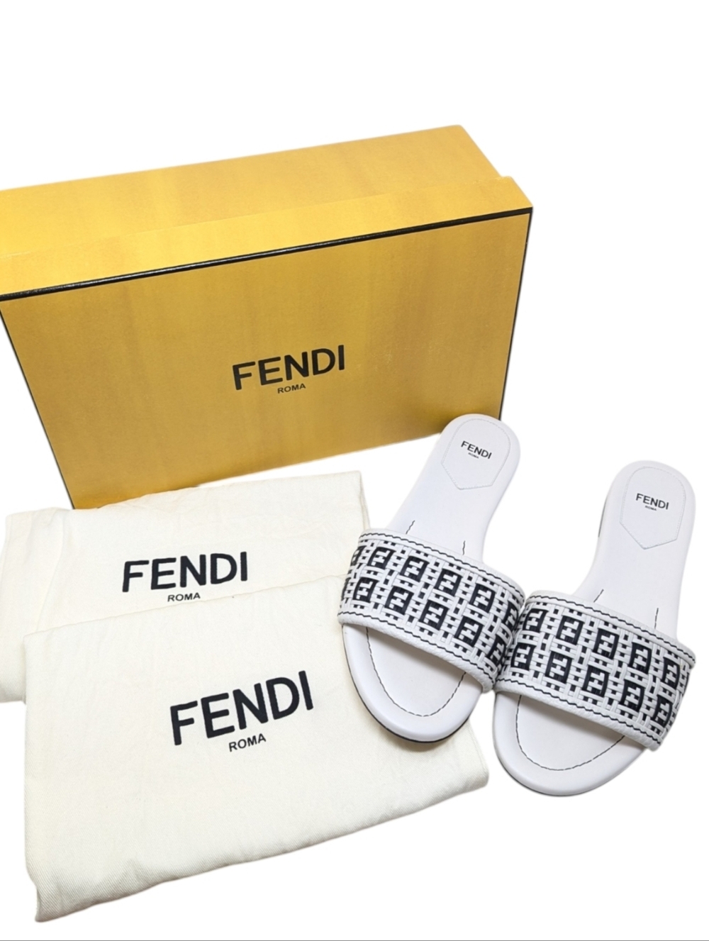 Fendi FF Monogram White Raffia Slide Sandals Size EU 38.5